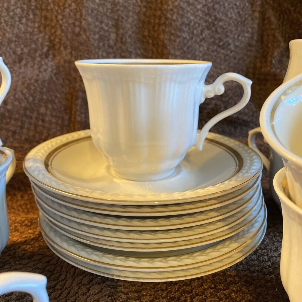 Walbrzych Made In Poland 8 Tea Cup & Altwasser 7Saucer Germany white w/gold trim